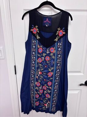Johnny Was Navy Blue Embroidered Floral Sleeveless Dress